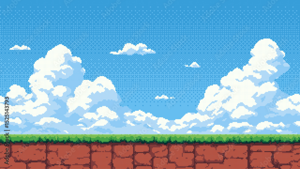 Poster Classic pixel art game level with green ground and blue sky with white clouds. 8 bit retro video game background for platformer. vector graphics.