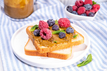 Summer breakfast delicious sandwiches with pistachio butter spread
