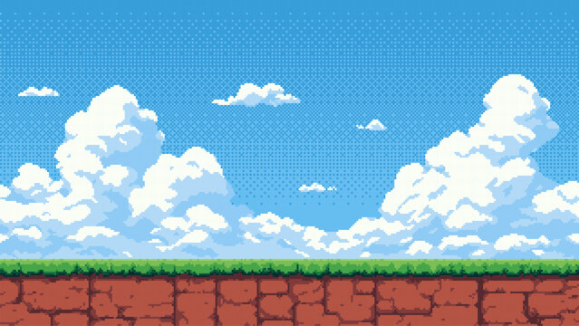 Classic pixel art game level with green ground and blue sky with white clouds. 8 bit retro video game background for platformer. vector graphics.