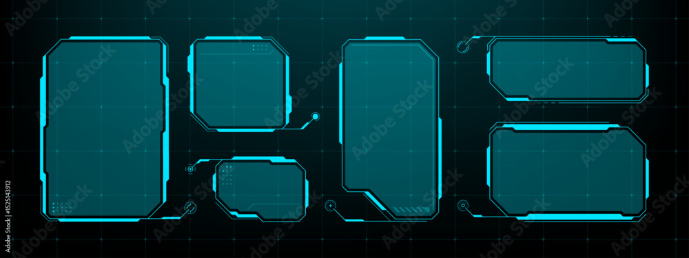 Fototapete Futuristic heads up display user interface elements set. Digital sci fi hud frames for data visualization. Virtual reality screen technology. Vector graphics. 