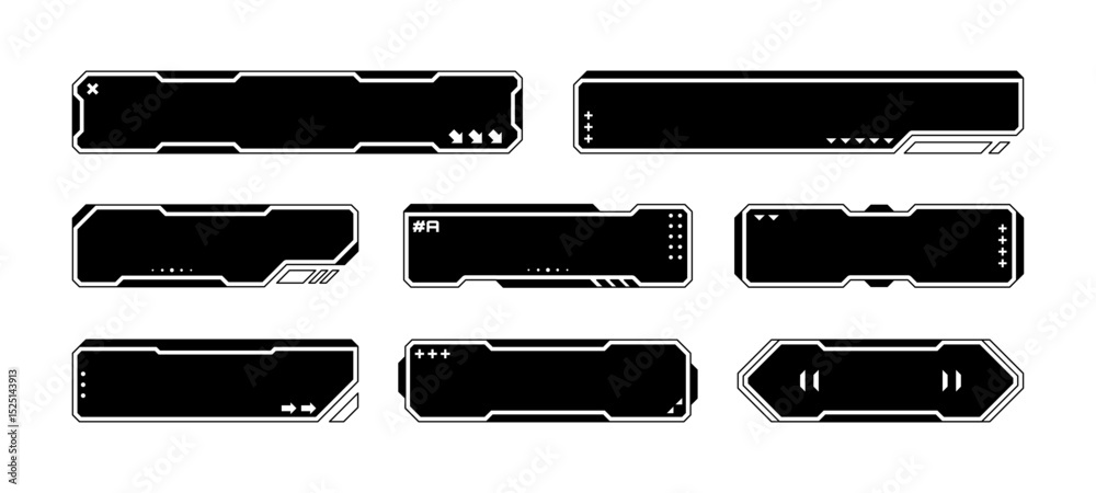 Poster Futuristic black and white user interface design elements for a heads up display. Modern gaming overlays and holographic interface components. Vector graphics. 