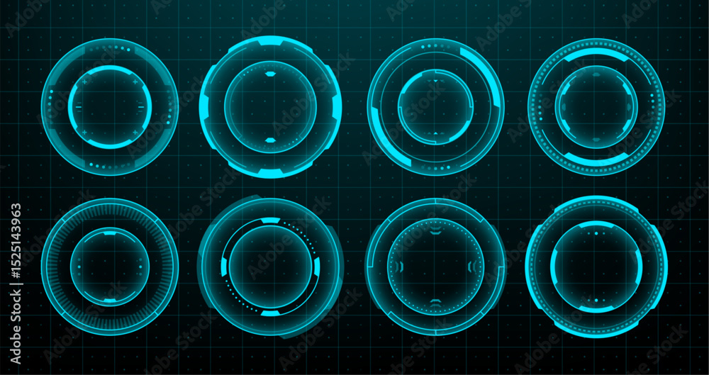 Fototapete Set of eight futuristic circle head up display vector elements. Digital HUD user interface design for web application and game development. Vector graphics. 