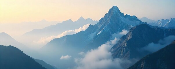 Misty mountain peaks shrouded in a ethereal veil of smoke, creating a dramatic and mysterious landscape Sunlight filters through the haze, illuminating the rugged terrain , rugged, calm, nature