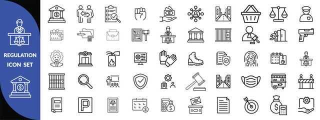 Regulation line editable icon set. Containing rules, authority, conduct, law, guideline, penalty, government, ethics, compliance, procedure, and more. Vector illustration design set 