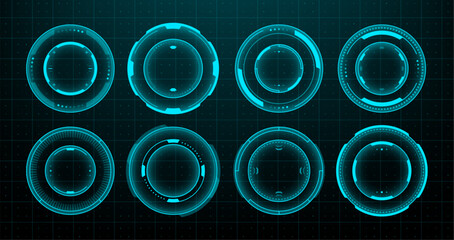 Set of eight futuristic circle head up display vector elements. Digital HUD user interface design for web application and game development. Vector graphics. 
