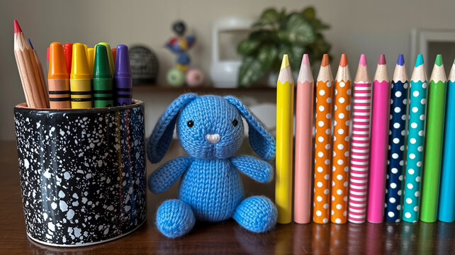 A close-up photograph of art supplies and a knitted toy arranged on a dark wooden surface