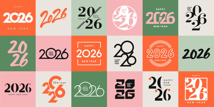 Big Set of 2026 Happy New Year logo text design. 2026 number design template. Collection of 2026 Happy New Year symbols. Vector illustration with labels isolated on colorful background.