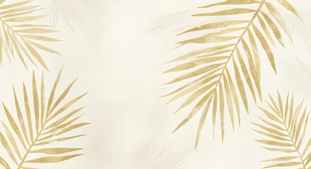 Obraz premium A light, textured background adorned with elegant golden palm leaves in each corner, creating a chic, tropical, and luxurious aesthetic.