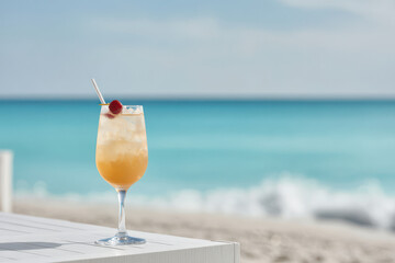refreshing cocktail named fruit fantasy elegantly placed on white table beside sea