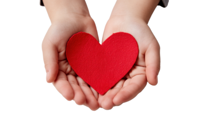 Heart's Gentle Embrace: Two tender hands cradle a vibrant red heart, symbolizing love, care, and compassion in this emotionally resonant composition. 