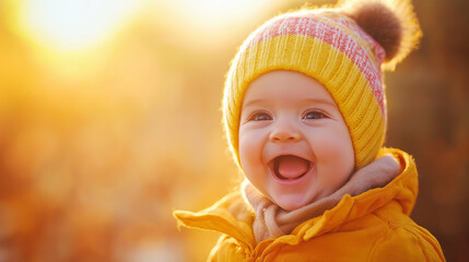 Bebê alegre em roupas vibrantes irradiando felicidade em uma luz suave e quente