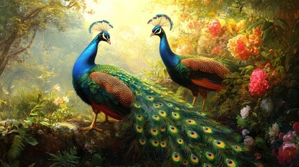 Fototapeta premium Majestic Peacocks in a Lush Garden