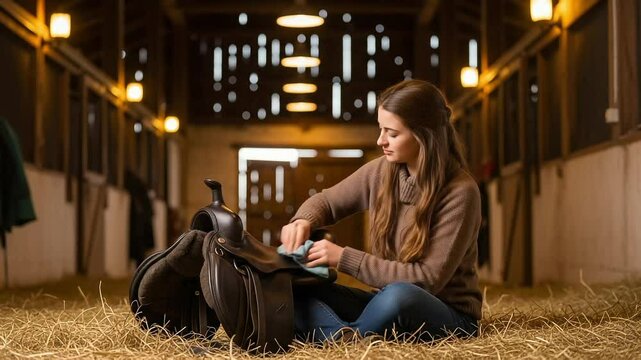 Young woman cleaning saddle in horse stable with warm lighting