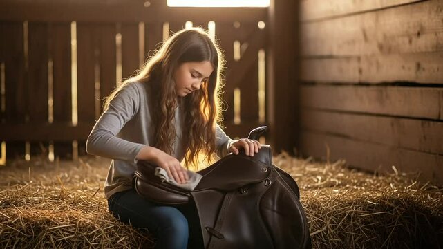 Young girl cleaning saddle in rustic barn with sunlight