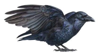 Naklejka premium Majestic Raven in Flight: A stunning illustration showcases a powerful raven in mid-flight, wings outstretched against the sky.