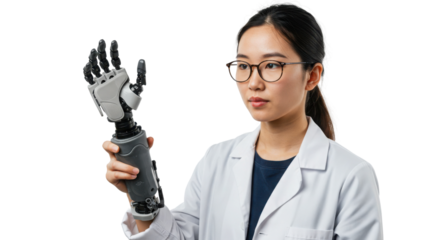 Young Asian Female Scientist Holding Advanced Robotic Prosthetic Hand Isolated on White Background