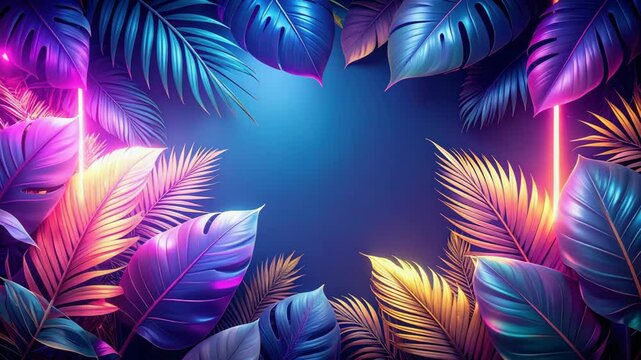 Colorful tropical leaves create a vibrant border around a dark, neon lit space.