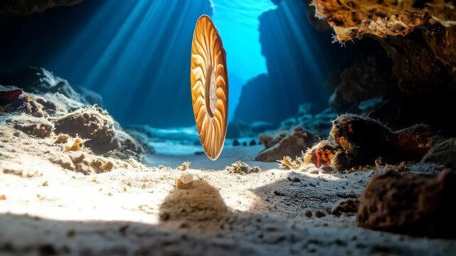 Beautiful chambered nautilus seashell floats in underwater cave with sunbeams shining on ocean floor, golden section, shell, Fibonacci sequence