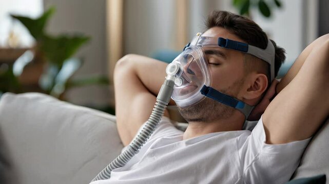 Young man resting with CPAP mask at home for sleep apnea therapy. Everyday life of individuals managing chronic conditions.