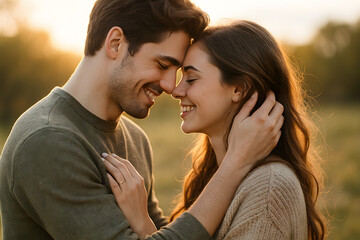 Fototapeta premium Intimate Moment: A tender depiction of love unfolds as a couple embraces outdoors, their foreheads gently touching, a shared smile illuminating the scene against a backdrop of a soft sunset.