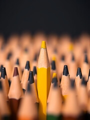 A single bright yellow pencil stands out distinctly among its duller counterparts in a selective focus photo concept for business use._00002_