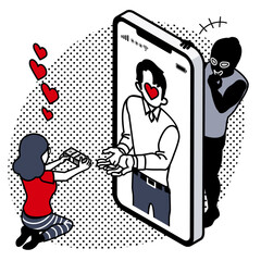 Romance Scam – Woman Sending Money to a Man on Her Smartphone While a Hidden Scammer Watches and Smirks