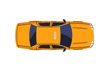 Taxi vehicle icon, yellow urban car, checkered cab roof, city transport service, public ride solution, top view automobile, modern traffic symbol, downtown commuting car flat vector illustration.