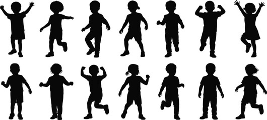 Silhouette of energetic children playing, running, jumping, dancing, joyful expressions, active kids poses, perfect for design, print, school, family vector