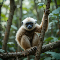 Fototapeta premium Picture cute of white-handed gibbon in the rainforest, Thailand