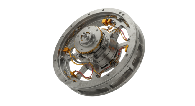 Detailed 3D Render of an Isolated Silver Metallic Electric Hub Motor Component