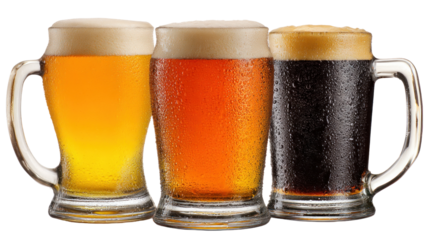 Variety in Every Pint: A refreshing assortment of beer presented in three distinctive mugs, showcasing a spectrum of color and brew density, inviting viewers to taste the rich diversity.