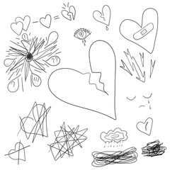 Sad hand-drawn doodles of broken hearts, tears, scribbles and emotional symbols on transparent background, sketch-style emotional illustration
