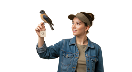 Smiling young woman holding small bird on finger isolated on white