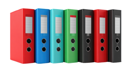 Row of Colorful Binders: A neat row of vibrant red, blue, green, and black binders stands ready to organize documents and records, representing structure in the workplace.
