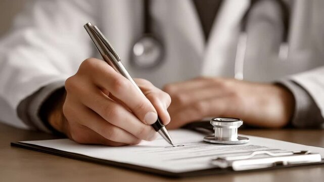 Salmonella outbreak concept ,Healthcare Professional Writing Medical Document with Pen and Stethoscope, Emphasizing Care