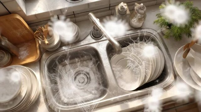 Salmonella outbreak concept ,Clean Kitchen Sink with Dishes and Utensils, Emphasizing Hygiene and Cleanliness Amidst Germ Concerns
