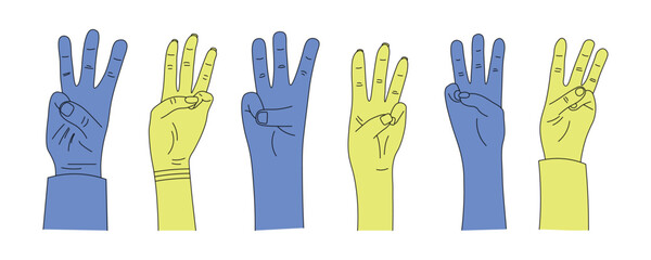 The national symbol of the trident, the coat of arms of Ukraine, 3 fingers, a set of blue and yellow hands