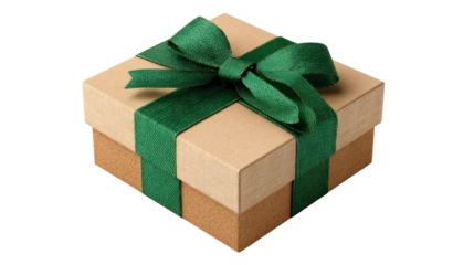 Wrapped with Elegance: A perfectly wrapped gift box, adorned with a lush green ribbon, resting on a surface, symbolizing celebration, giving, and the anticipation of joy.