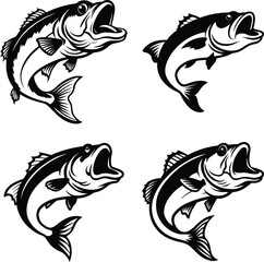 Four black and white jumping bass fish illustrations