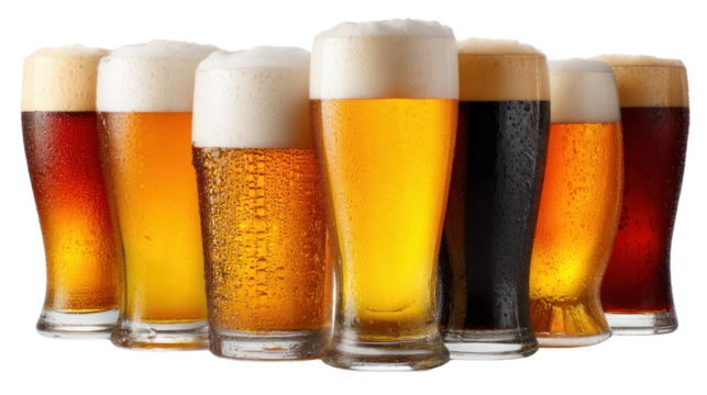 A Tasting of Craft Beer: A spectrum of artisan brews awaits, showcasing their unique color, clarity, and texture with a rich head of foam. Explore this sensory experience.