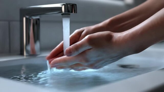 Salmonella outbreak concept ,Washing Hands with Flowing Water from Faucet Gentle Motion for Hygiene and Cleanliness