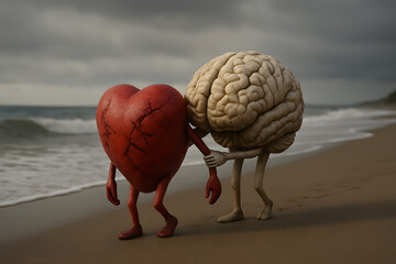 Brain and Heart's Coastal Stroll: A whimsical surreal depiction of a brain and heart taking a reflective walk along the seashore.