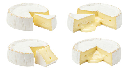 Camembert cheese wheel with cut piece isolated on white background