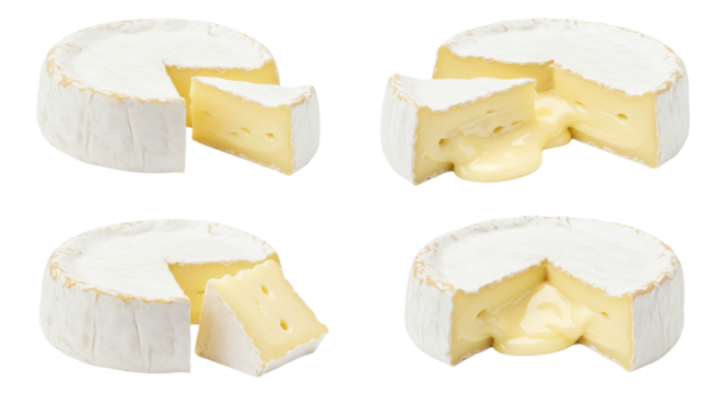 Camembert cheese wheel with cut piece isolated on white background