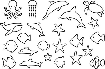 A collection of simple, black outline drawings of various ocean creatures.
