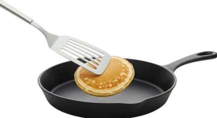 Pancake being flipped with metal spatula in black frying pan isolated