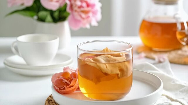 Still life of a glass of kombucha with culture, served with tea cup and flowers on a white table