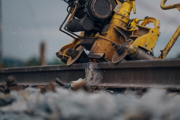 A worker in the process of a railroad track weld repair, reconstruction with a freight train passing