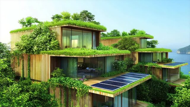 Eco-friendly homes nestled amidst lush greenery, situated near the ocean.  Sustainable living with rooftop gardens, solar panels, and modern design