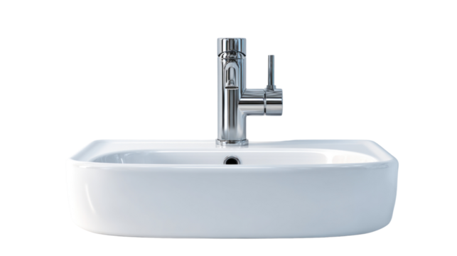 Minimalist White Sink: A sleek white ceramic sink featuring a modern chrome faucet, epitomizing clean design and functional elegance.